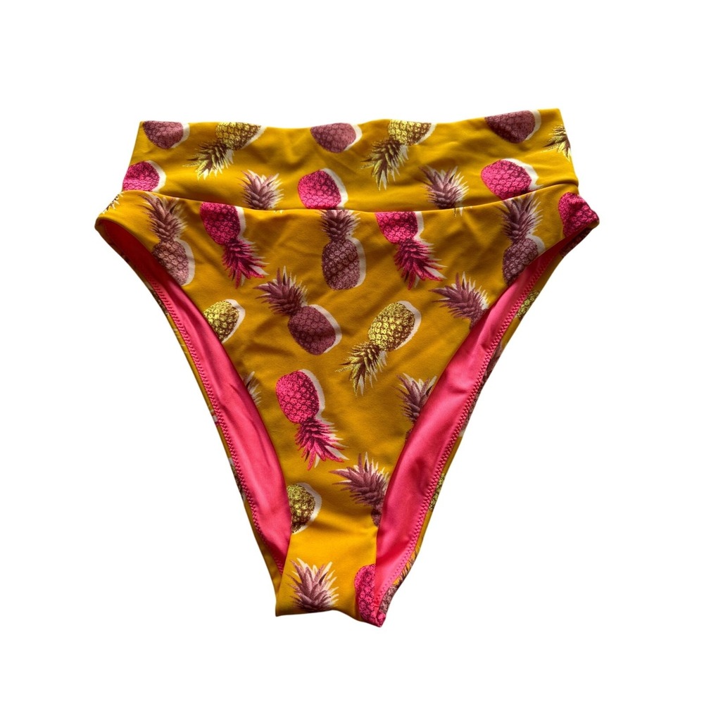 Aerie High Cut Cheeky Bikini Bottom Yellow & Pink Pineapple‎ Print Medium (NWOT)